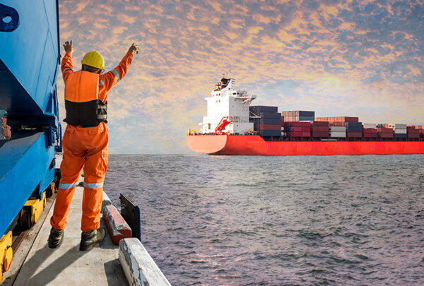 Panorama Container ship vessel departure from the sea port termi